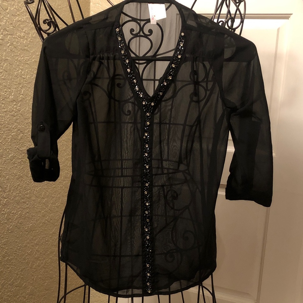 Elegant Black Sheer Kids Blouse with Embellishments 12 NWOT
